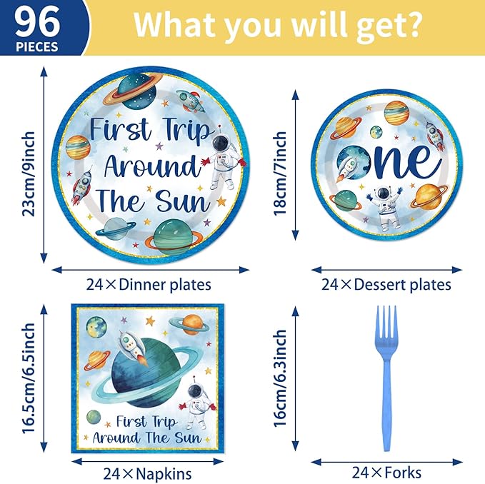 First Trip Around The Sun Decorations - 96PCS First Tirp Around The Sun Plates and Napkins Party Supplies Outer Space 1st Birthday Decorations Boy Disposable Paper Tableware Set Serves 24 Guests
