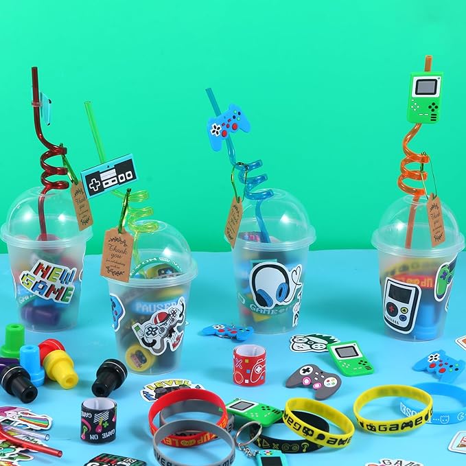 LiYiQ 292 Pcs Video Game Party Favors With Reusable Drinking Straws Cups Slap Bracelets Keychains Gift Tags Stamps Stickers and Twist Ties for Gamer Birthday Party Supplies