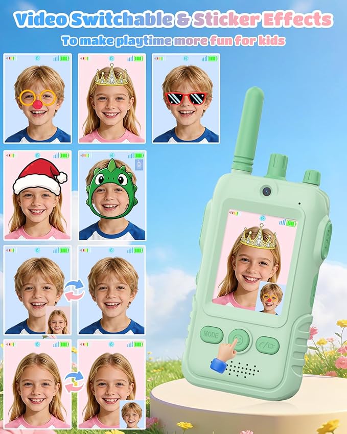 Walkie Talkies for Kids, 2 Pack Rechargeable Video Intercom Kids Walkies Talkies, Indoor Outdoor Toys Gifts for Family Games, Outside, Camping, Hiking for Boys Girls Ages 3-6(Green+Blue)