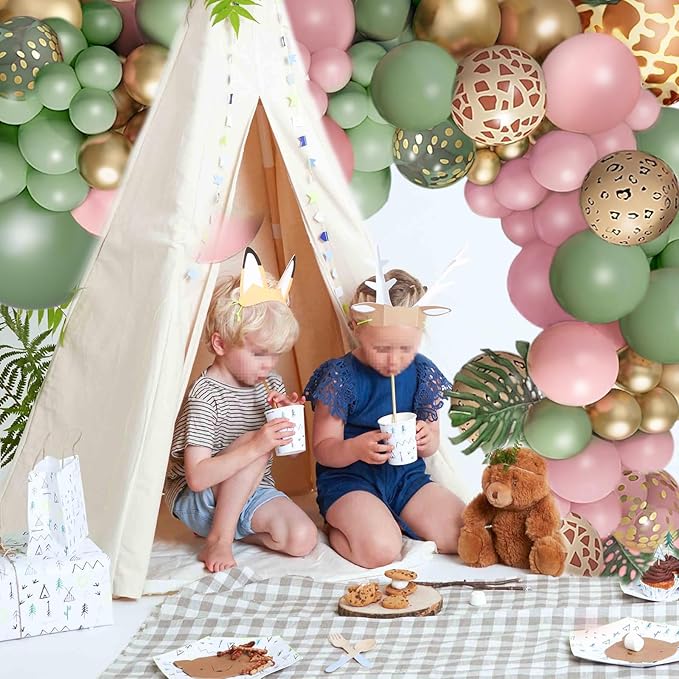 Jungle Safari Balloons Garland Arch Kit ，Animal Printed Pink Sage Green Balloons Wild One Giraffe Leopard Safari Decorations for Birthday Baby Shower Party Supplies