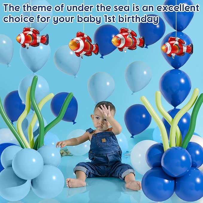 Gejoy 157 Pcs Under The Sea Balloon Decor Kit Ocean Party Baby Shower Decorations, Latex Blue Clear Bubble Green Orange Balloons Aluminum Clownfish for Under Sea Birthday Wedding Stage Party Supplies