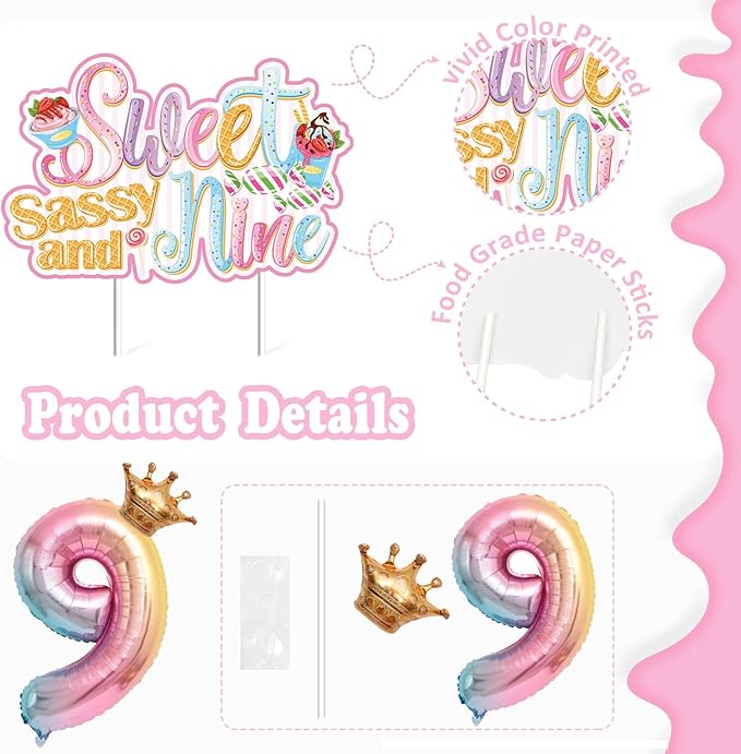 Sweet Sassy And Nine Birthday Decorations- 9th Birthday Decorations For Girls With Donut Banner Sweet Cake Topper 9th Foil Balloon For 9th Donut Themed Party Decor Sweet Nine Party Supplies