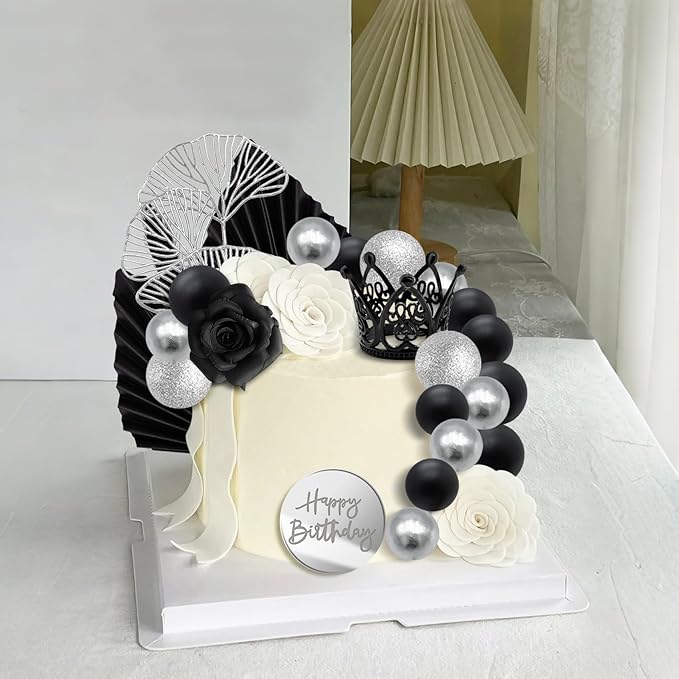 Knana 25Pcs Silver Black Balls Cake Topper Birthday Cake Topper Palm Leaves Cake Decorations for Silver Black Theme Baby Shower Birthday Party Supplies