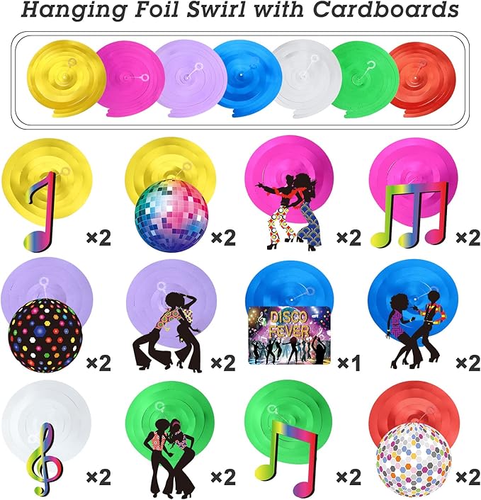 Dianelhall 53 Pieces 70s Disco Party Decorations Disco Ball Hanging Swirls Ceiling Decor for Retro Fever 70's Boogie 1970s Birthday Hippie Party Favors
