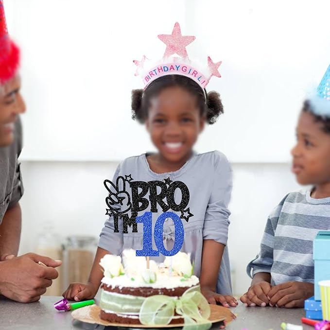 1 PCS Brother I'm 10 Cake Topper Glitter Star Happy 10th Birthday Cake Pick Bro I'm 10 Cake Decoration It's My 10th Birthday Decorations for Boys Cheers to 10 Years Old Birthday Party Supplies Blue