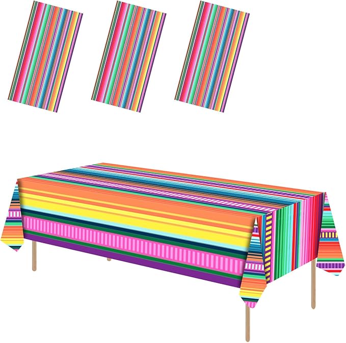 3 Pack Disposable Plastic Mexican Serape Tablecloths, 54 x 108 Inch Mexican Striped Party Table Cover for Mexican Wedding Birthday Party Decorations Outdoor Indoor Party Supplies