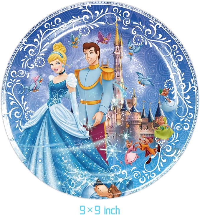 41Pack Cinderella Party Supplies include 7"10Pcs and 9" 10Pcs plates, 20 napkins Tablecloth for Cinderella birthday party decoration