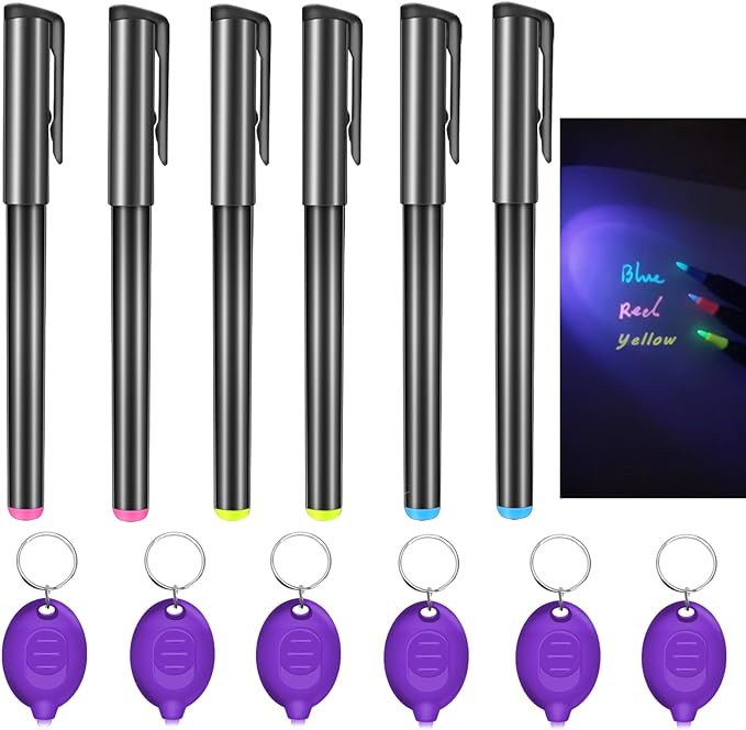 Invisible Ink Pen, Spy Pen with 6 PCS Mini UV LED Keychain Flashlight, Disappearing Ink Magic Pens with Black Light Markers for Secret Notes, Fit for Christmas Halloween Holiday Gifts (6 PCS)