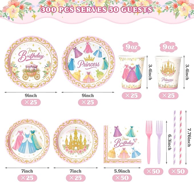 300 Pcs Princess Paper Plates Napkins, Birthday Party Supplies Include Forks Cups Straws, Summer Party Tableware Set for Kids, Serves 50 Guests
