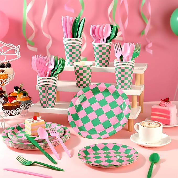 Zhehao 144 Pcs Pink and Green Checkered Party Decor Tableware Pink and Green Gingham Plaid Paper Plates Cup Napkin Knives Fork Spoon for Witch Princess Themed Party Disposable Supplies Serve 24 Guest