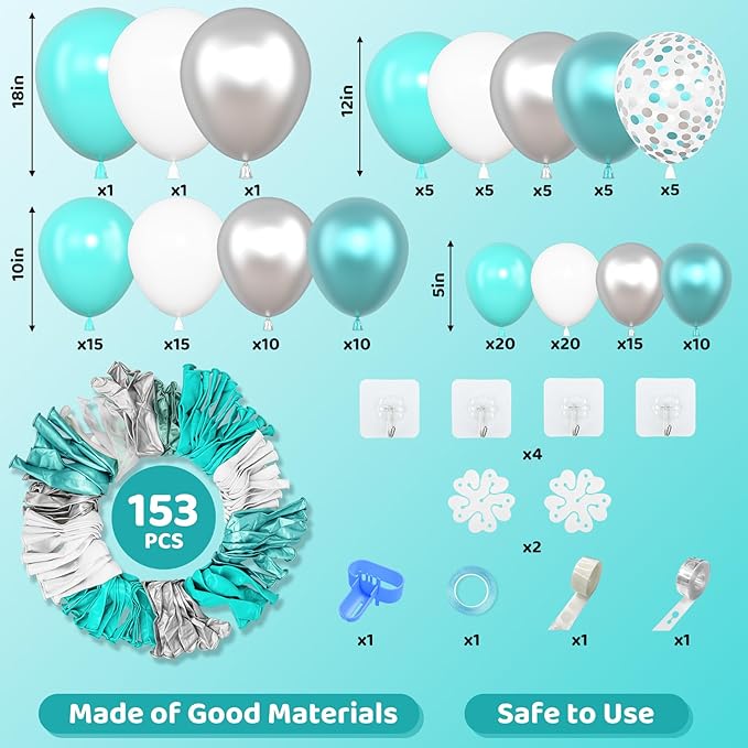 Amandir 153 Pcs Teal Balloons Arch Garland Kit, Different Sizes 18 12 10 5 Inch Teal Aqua Blue White Metallic Silver Green Confetti Turquoise Balloons Birthday Bridal Shower Wedding Party Decorations