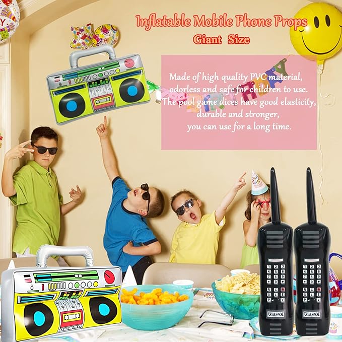 5 Pieces Inflatable Radio Boombox Inflatable Mobile Phone,Retro Mobile Phone for 80's 90's Party Decorations,Hip Hop Costume,Birthday Theme Party Photo
