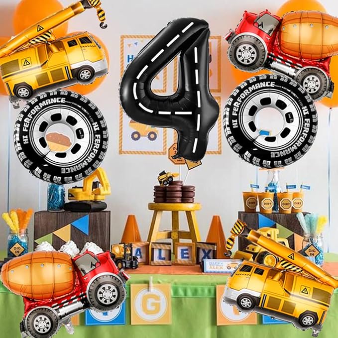 Construction Balloons 4rd Birthday Decorations for Boys 40inch Number 4 Balloons Truck Foil Balloon for Construction Birthday Party Decorations Supplies