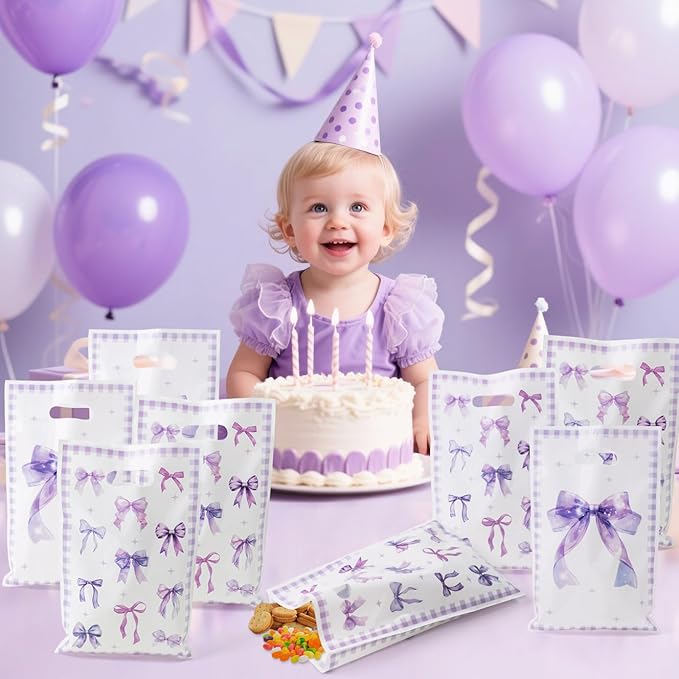 50Pcs Purple Bow Party Favor Bags - Bow Knot Goody Candy Treat Gift Bag for Kid Girl Women Purple Aesthetic Party Decorations for Birthday Wedding Bridal Shower Bachelorette Party Supplies