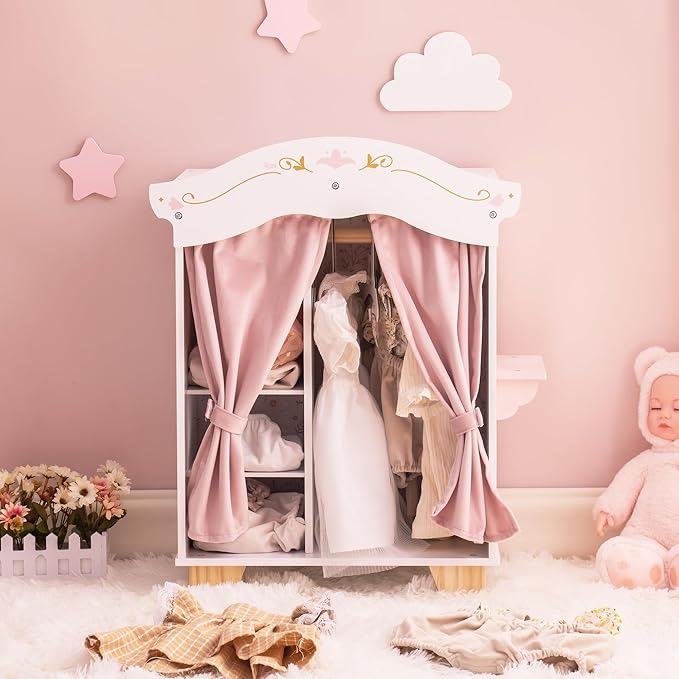 ROBOTIME 18in Doll Closet, Wooden Doll Closet Wardrobe, Pink Doll Wardrobe Closet Fits 16-18in Dolls, Gift for Boys & Girls
