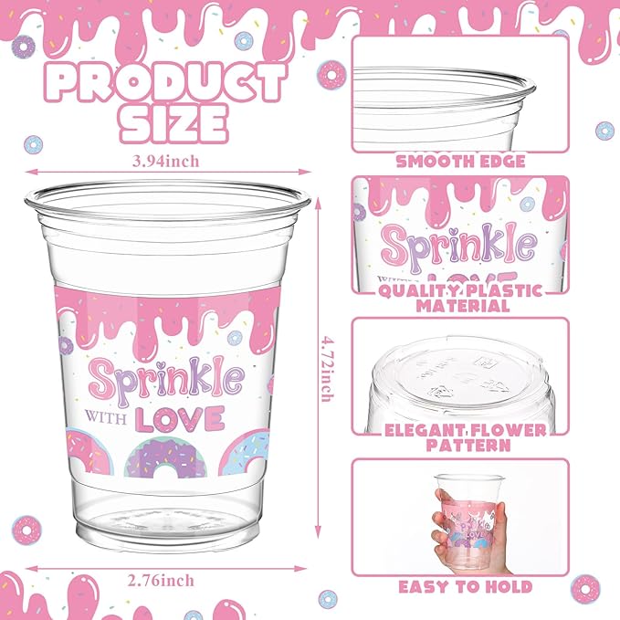 Qinyoung 50 Pcs 16 oz Pink Donut Sprinkle Cups for Donut Baby Shower Decorations Baby Shower Cups Plastic Disposable Drinking Birthday Party Supplies