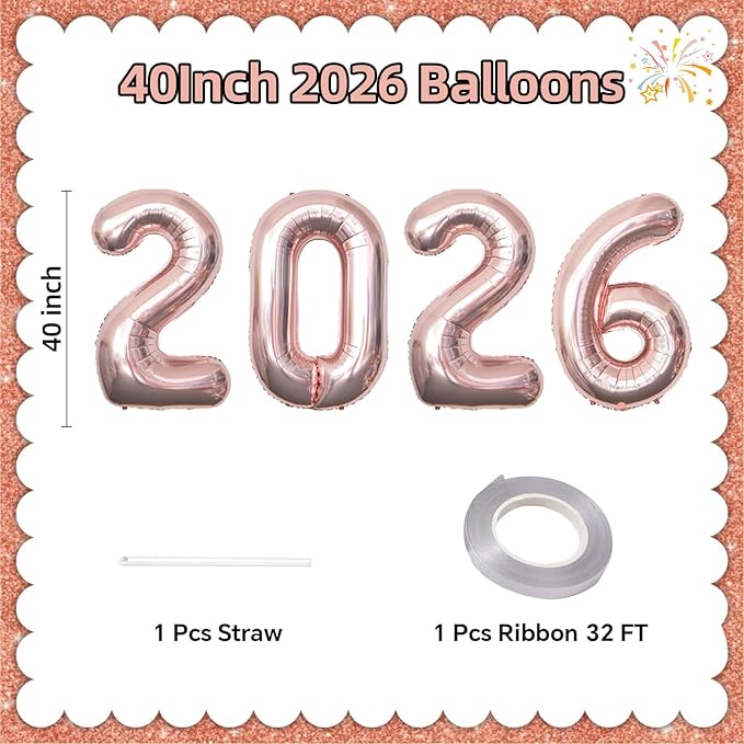 KALOR 42 Inch 2026 Rose Gold Foil Mylar Number Balloons, 2026 New Years Decorations for 2026 Happy New Year Eve and Graduations Party Supplies