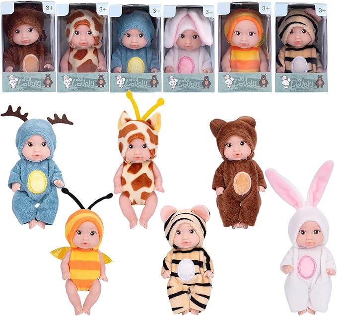 6PCS 4inch Mini Dolls Set - Baby Doll with 6 Animal Outfits & Accessories, Reborn Baby Dolls for Kids Role Play, Perfect Birthday for Children Ages 3+