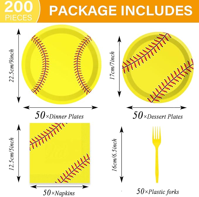 50 Guests Softball Plates and Napkins Party Supplies Softball Party Decorations Disposable Tableware Set Sport Birthday Baby Shower Dinnerware Favor for Kids, 200PCS