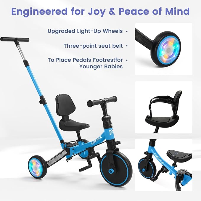 5-in-1 Tricycle for Toddlers 1-3, Convertible Toddler Bike with Push Handle & Removable Pedals, Balance Bike with Colorful Lighting Wheels, Adjustable Seat Height with Backrest(Blue)