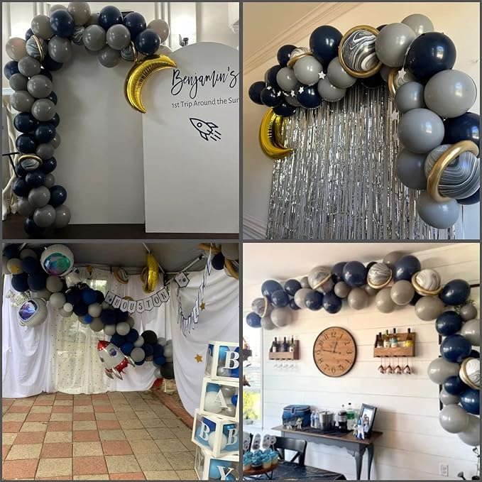 Outer Space Astronaut Balloon Garland Arch Kit Pearl Navy Blue Onyx Black Gray Gold Latex Balloons with Moon Foil Balloon Galaxy Starry Night to the Moon DIY Birthday Party Decoration Baby Shower