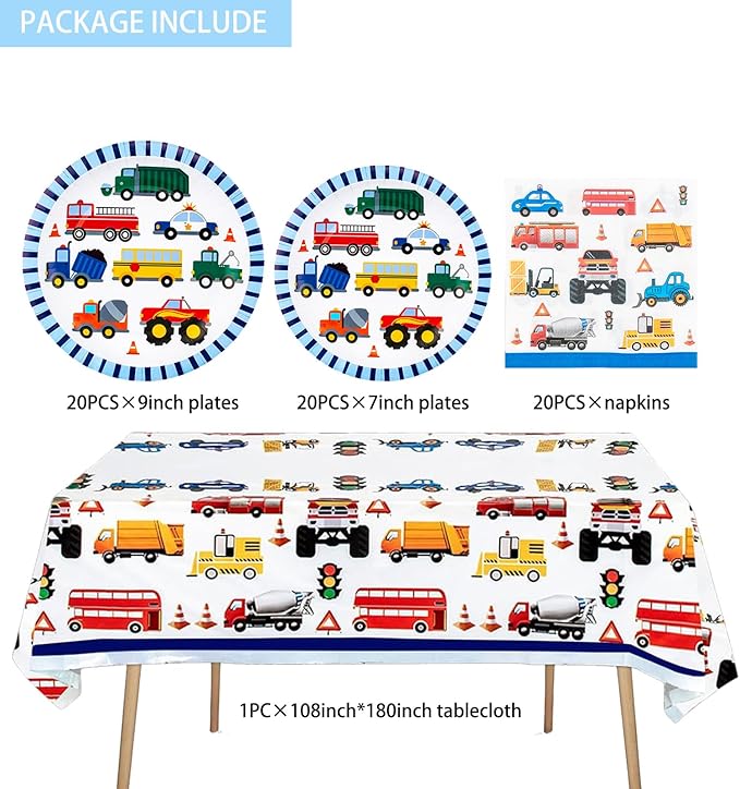 Transportation Birthday Decorations Trucks Party Plates Tablecloth And Napkins Vehicles Traffic Cars Transport Party Tableware Construction Party Supplies for Kids Boys | Serves 20 Guests