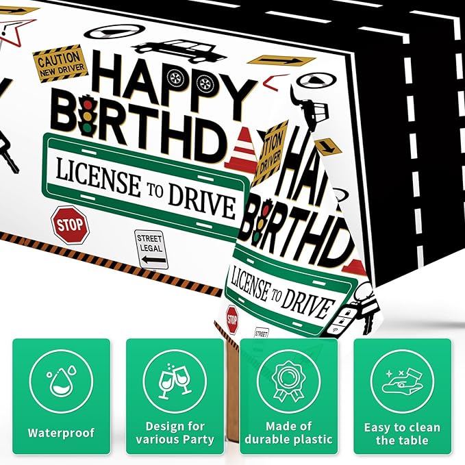 3Pcs Drivers License 16th Birthday Plastic Tablecloth 16th Car Theme Table Cover Waterproof New Driver Car Road 16th Table Cloth for Learner Driver 16 Years Old Party Decorations 54 x 108 Inch