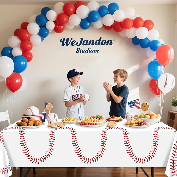 Baseball Tablecloth - White Baseball Tablecloth Plastic Disposable Decorations for Game Day Sports Theme Party Supplies, 4 Pack, 51'' x 86''