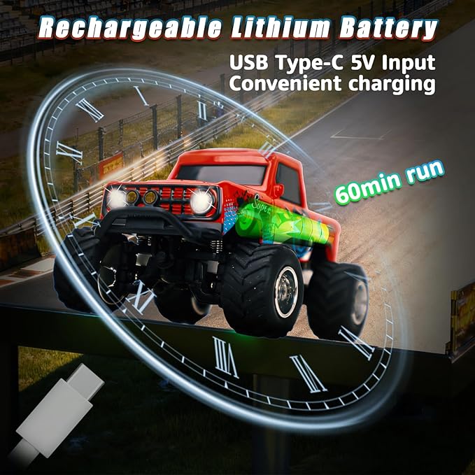 1:64 Red RC Cars for Kids Toys, 2.4Ghz Remote and APP Control, Mini Alloy Truck Car with Cool Light and USB-C Recharging, Speed Adjustable Steering Easy to Operate, Gift for Children, Boys, Girls