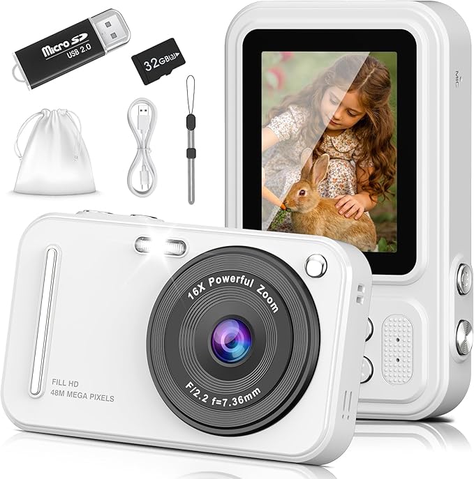 Digital Camera for Kids, 48MP FHD 1080P Point and Shoot Digital Cameras with 16X Zoom Anti-Shake, Compact Portable Cameras for Photography, for Boys Girls Teens Beginners