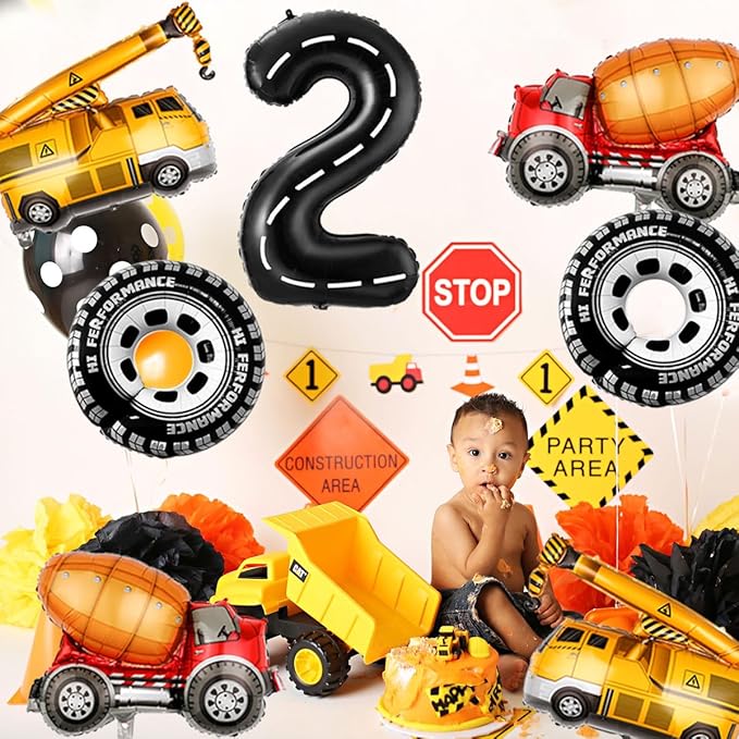 2nd Birthday Decorations for Boys Construction Balloons 40inch Number 2 Balloons Truck Foil Balloon for Construction Birthday Party Decorations Supplies