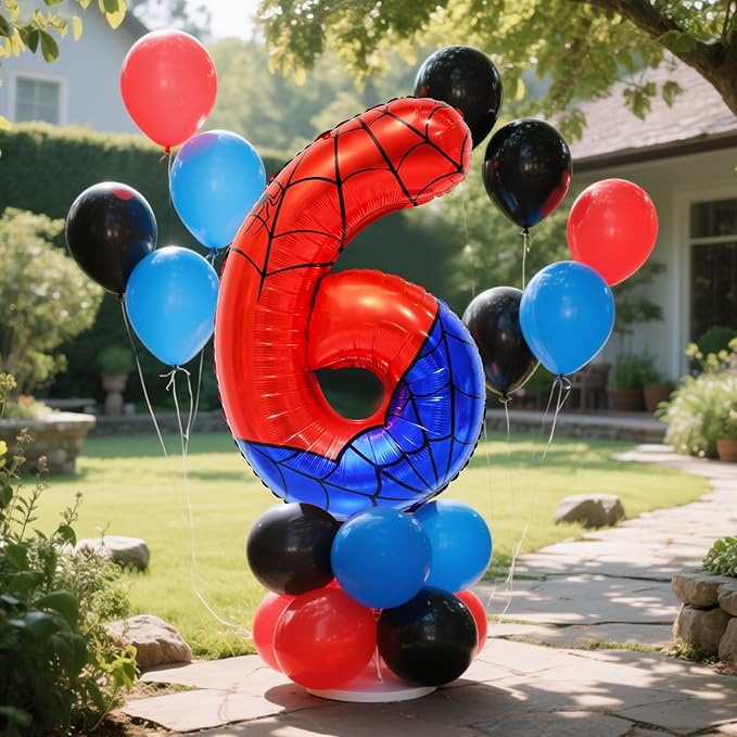 Spider Web Number 6 Balloon Birthday Decoration, Superhero Themed 40in Giant Mylar Number Party Supplies