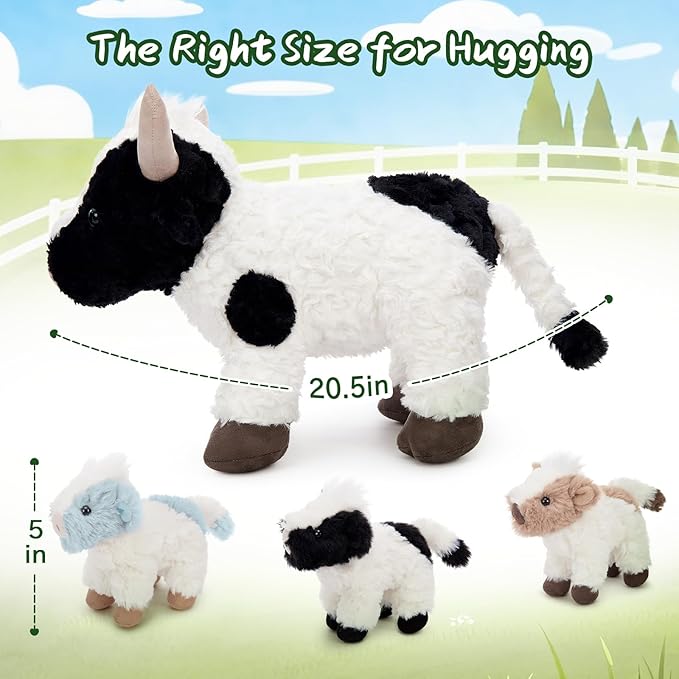 4Pcs Cow Plush Toy Set, Mommy Cow Stuffed Animal with 3 Adorable Calf Babies in Mom's Belly, 20" Soft Farm Aniaml for Girls Boys Kids, Christmas Birthday Gift