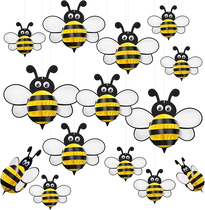 Amyhill 12 Pcs Large Bee Birthday Party Decorations Hanging 3D Bee Honeycomb Centerpieces Table Toppers Decoration for Birthday Baby Shower Party Supplies
