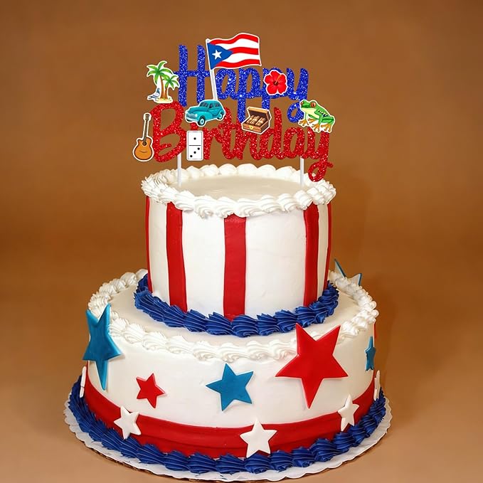 Puerto Rico Cake Topper Glitter Puerto Rican Theme Birthday Party Decoration Puerto Rican Cake Decorations Frog Cigar Vintage Car Cake Picks for National Day Patriotic Festival Supplies