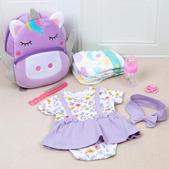 10 Pcs Reborn Baby Doll Clothes Accessories Set Fit 17-22 Inch Realistic Baby Dolls, Reborn Doll Clothes with Purple Unicorn Backpack Magnetic Pacifier & Headband Girl