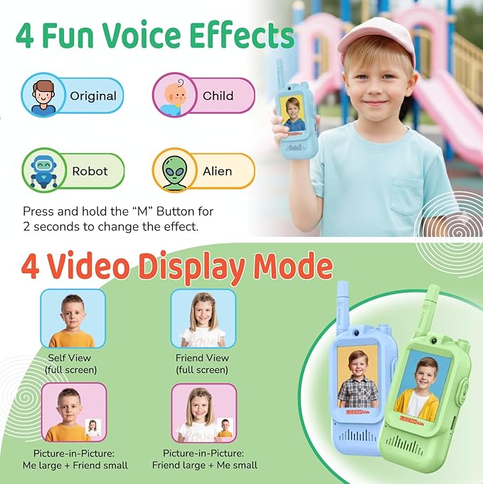 LEENK Kids Video Walkie Talkies 2 Pack – Rechargeable Video Intercom Handheld, Indoor & Outdoor Range, Easy Use for Ages 3-12, Eco ABS, Clear Voice & Long Distance Communication (Blue & Green)