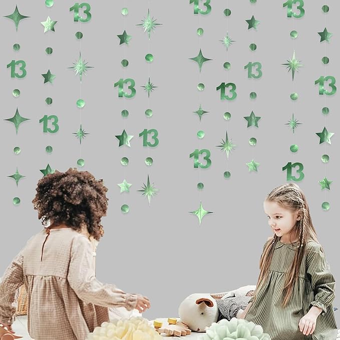 Sage Green 13th Birthday Decorations Number 13 Circle Dot Twinkle Star Garland Metallic Hanging Streamer Banner Backdrop Girls Boys 13 Years Old Birthday Thirteen Official Teenager Party Supplies