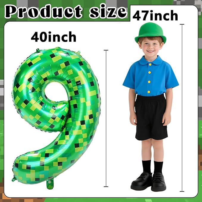 40in Pixel Number 9 Balloon Birthday Decorations, Miner Theme Foil Balloons banner Blast Gaming Party Supplies