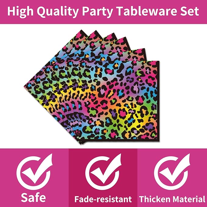 96Pcs Cheetah Print Birthday Party Decorations, Neon Rainbow Leopard Themed Party Supplies Tableware Set Include Paper Plates, Napkins, Forks, Serves 24 Guests