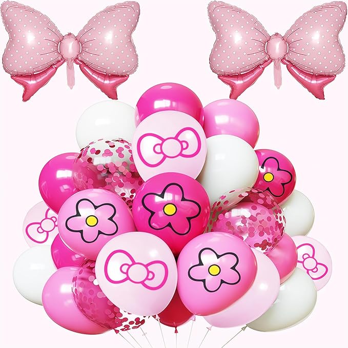 Pink Balloon 64Pcs 12 Inch，Cute Bow Flower Print Balloons for Cartoon Themed Birthday Party Decorations Boys Girls Gatherings Party Supplies