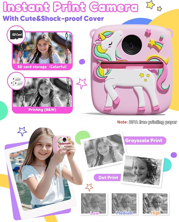 Kids Camera Instant Print, Christmas Birthday Gift for Girls 3-12 Year Old, 1080P Kids Digital Camera Toys with Unicorn Cover, Toddler Camera for 4 5 6 7 8 9 10 Year Old Girls Boys