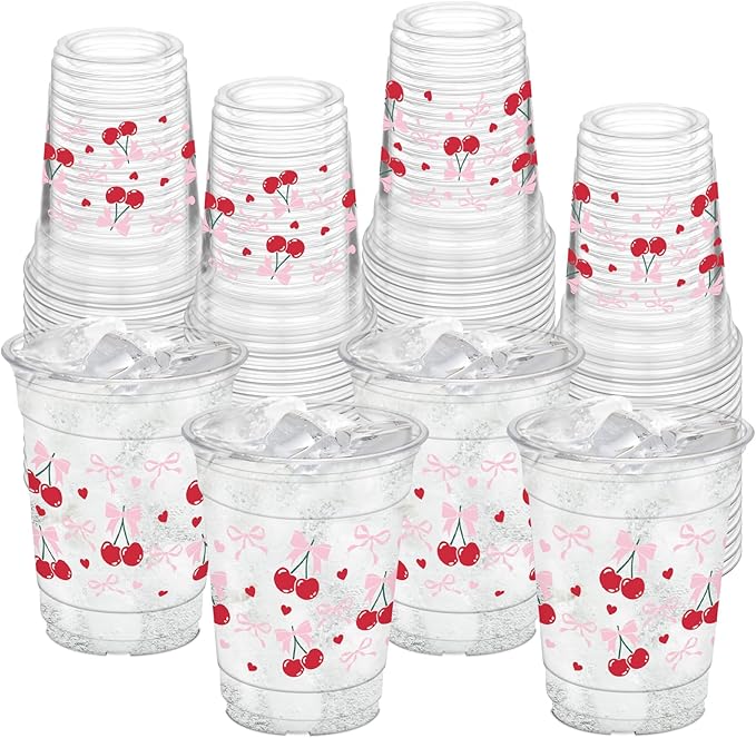 50Pcs Cherry Bow Cups, 12oz Cherry Plastic Cups for Birthday Party Supplies Wedding Bridal Engagement Drinkware Decoration