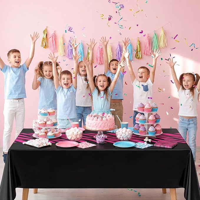 Buryeah 3 Pcs Zebra Tablecloth Zebra Print Plastic Tablecloth Animal Safari Table Cover 54 x 108'' for Baby Shower Wedding Birthday Party Decorations Supplies (Hot Pink, Black)