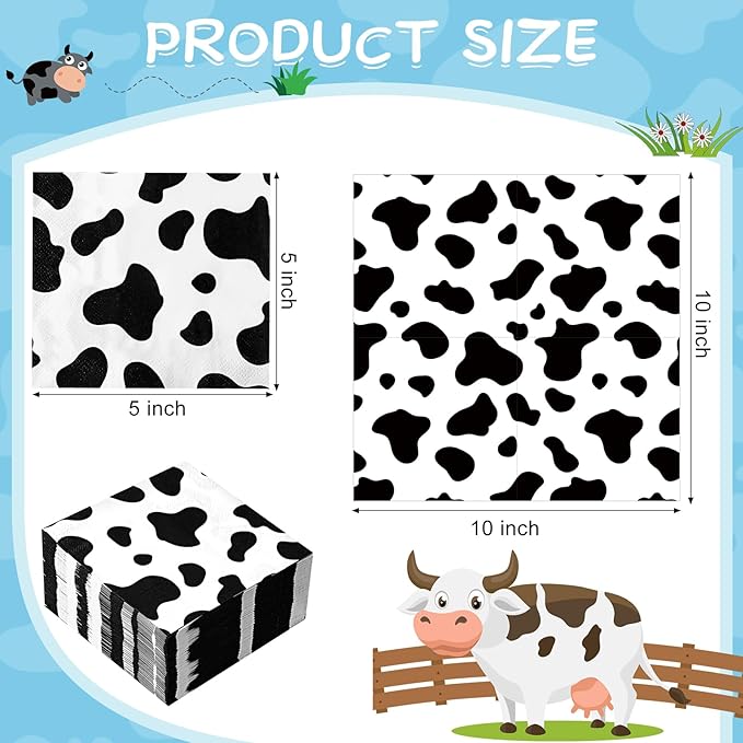 Chengu 100 Pieces Cow Print Napkins 2 Layers Cow Print Party Supplies Farm Animal Napkins for Animal Themed Birthday Party Western, 5 x 5 Inches