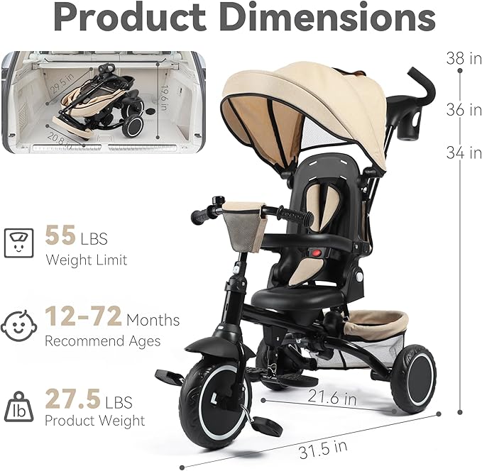 8 in 1 Kids Tricycle, Folding Toddler Tricycle w/Reversible Seat, Adjustable Push Rod & Canopy, Baby Trike Toddler Bike w/Bell, 5-Point Harness, Extra Storage, Cup Holder, Khaki
