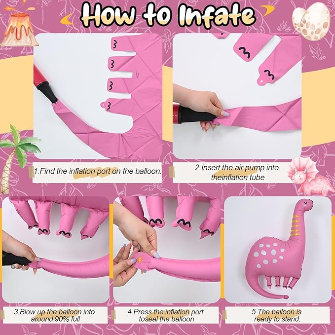 Giant Dinosaur Foil Balloons, 38-43 Inch Big Cute Pink Yellow Dinosaur Helium Inflatable Foil Balloon for Girls 1st 3rd Dino Theme Birthday Baby Shower Kindergarten Jungle Party Decorations Supplies
