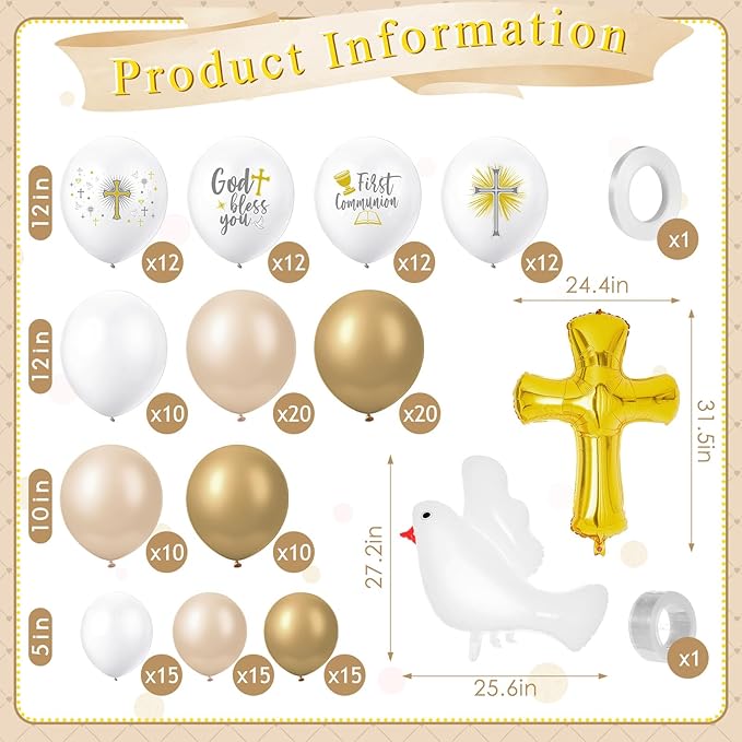 169 Pcs First Communion Decorations Balloons Kit Baptism Party Decorations White Metallic Gold Balloons Arch Kit First Holy Communion Decor for God Bless Christening Birthday Theme Party Supplies