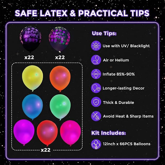 LovesTown 66PCS Glow Balloons Assortment, 12" UV Neon Latex Decorations Happy Birthday Fluorescent Balloons for Birthday, Wedding & Glow Party Supplies