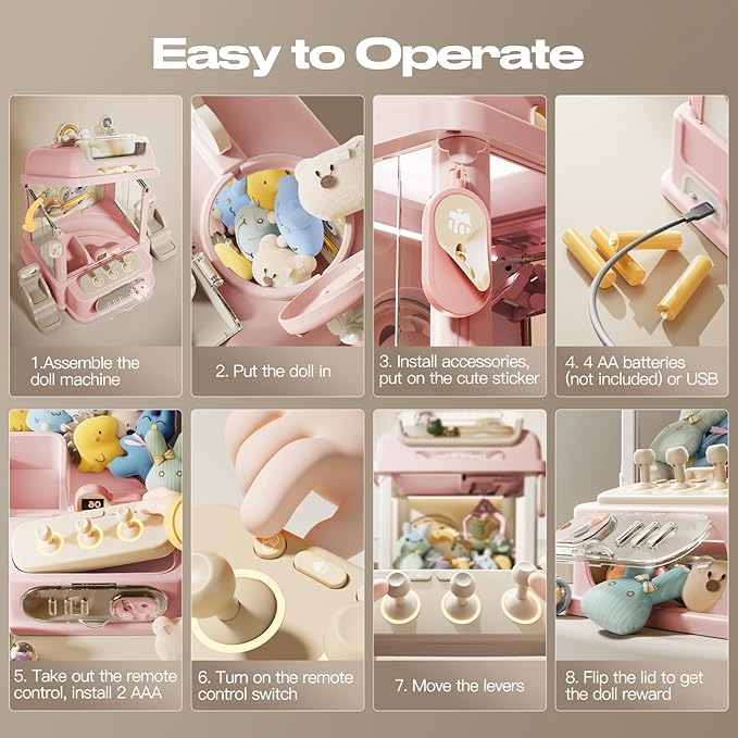 Remote Control Claw Machine for Kids, Mini Vending Machines Candy Grabber Prize Dispenser Toys for Girls, Arcade Game Machine with Light Sounds, Birthday Gifts Toys Age 3 Years (Pink)